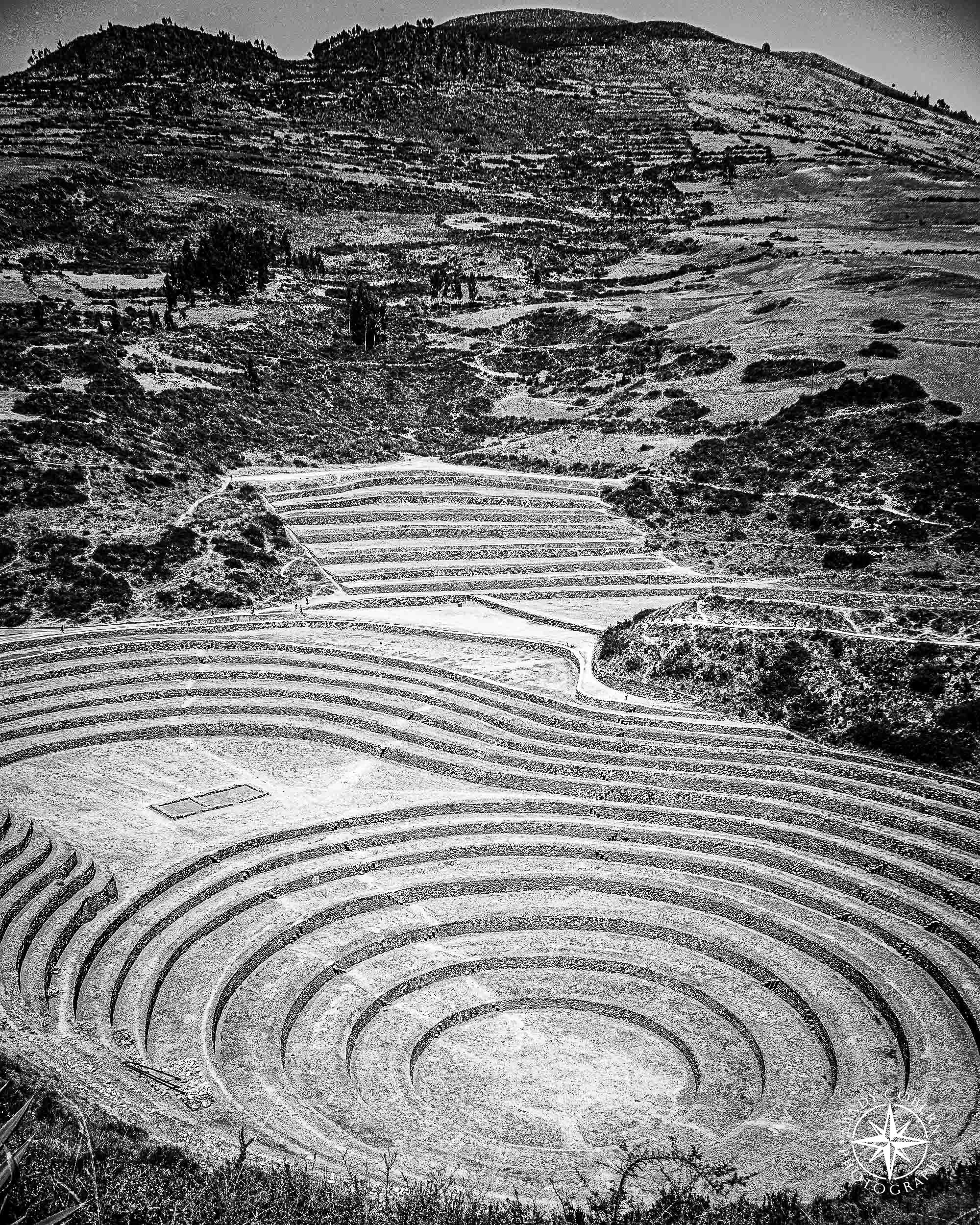 Black and white photograph of Incan terraces expanding outward and up a mountain, captured from a dramatic angle.