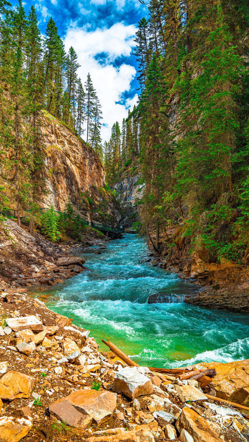 A glacial stream winds between ochre rock formations and evergreen pines beneath a vivid blue sky in Banff National Park.