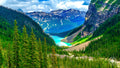 View from a glacier overlooking Lake Louise in Banff National Park, with a snow-capped mountain rising behind and the bright 