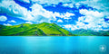 Glacial lake with turquoise water surrounded by green mountains under a partly cloudy sky.