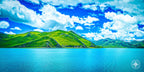 Glacial lake with turquoise water surrounded by green mountains under a partly cloudy sky.
