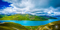 Teal glacial river with a road curving alongside it beneath dramatic clouds on the Tibetan Plateau.